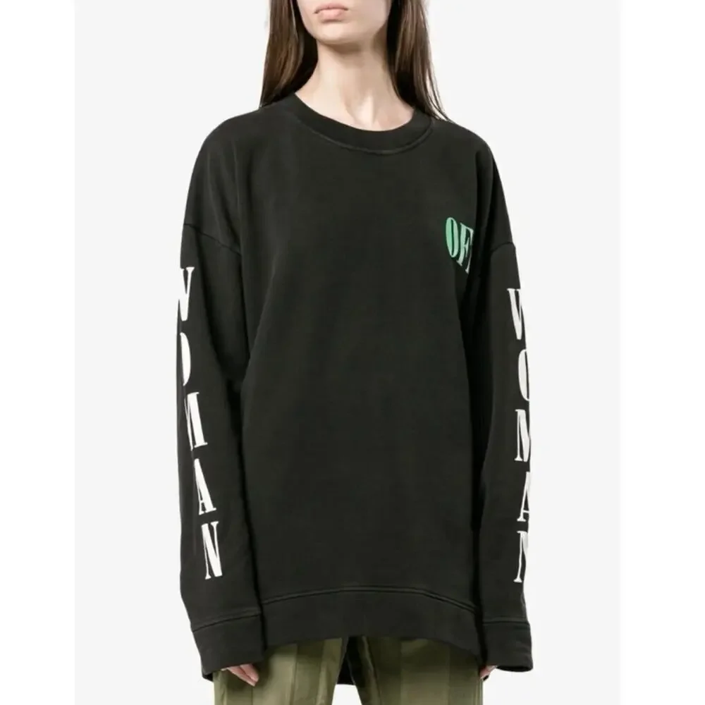 Off White Oversized Floral Logo Cotton Pullover Crewneck Sweatshirt Black Small